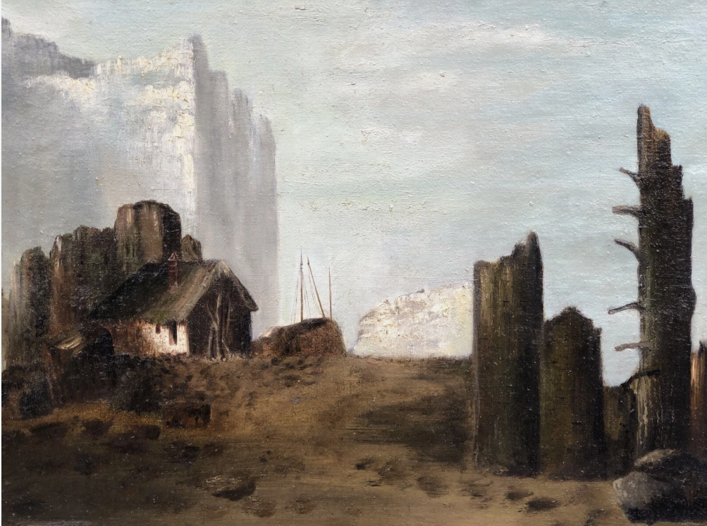 Antique French Oil Painting – Symbolist Surrealistic Landscape Scene