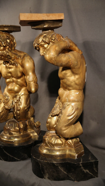 Pair of Gold Leafed Antique Wood Carved Pedestals Male Figures
