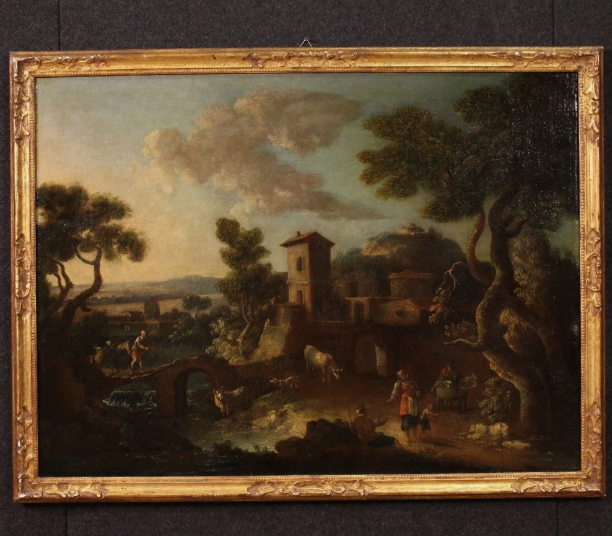 Antique Paesaggio Bucolic View Countryside Painting Oil Painting Xvii Century