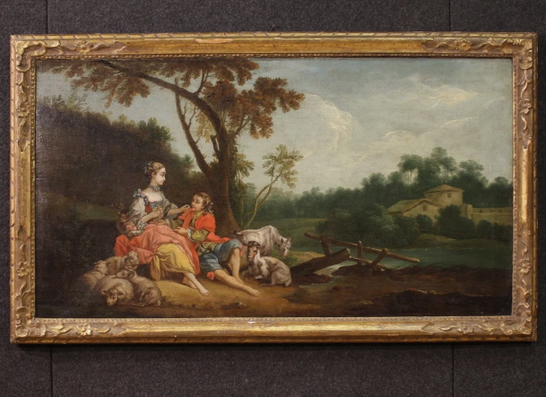Scene Gallant Antique Painting Rococo Oil on Canvas Animal Art XVIII Century