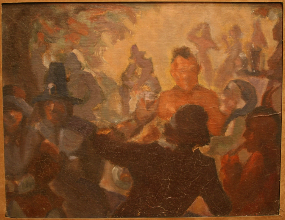 ANTIQUE AMERICAN OLD IMPRESSIONIST PAINTING INDIANS WPA ARTIST JOHN COSTIGAN NA