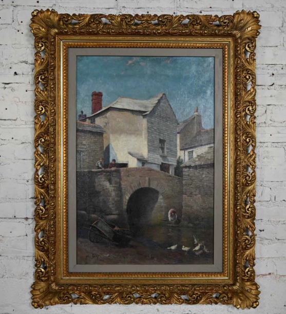1896 Realism Landscape Oil Painting of Polperro by Hely Smith Orig Gilded Frame