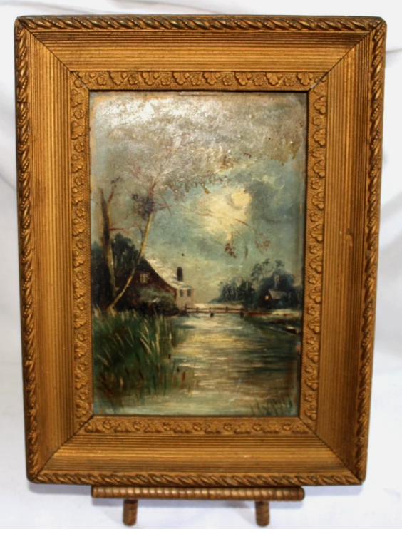 Antique 1800's Landscape house artist oil Painting Framed