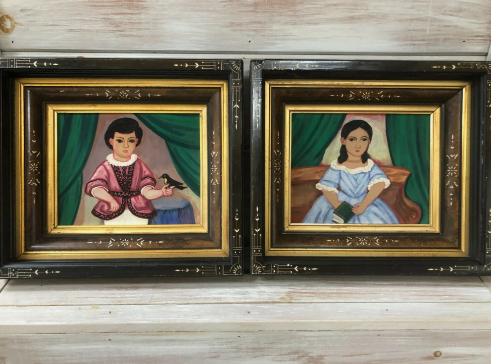 Antique Mexican Folk Art Painting PAIR Children Boy and Girl unsigned