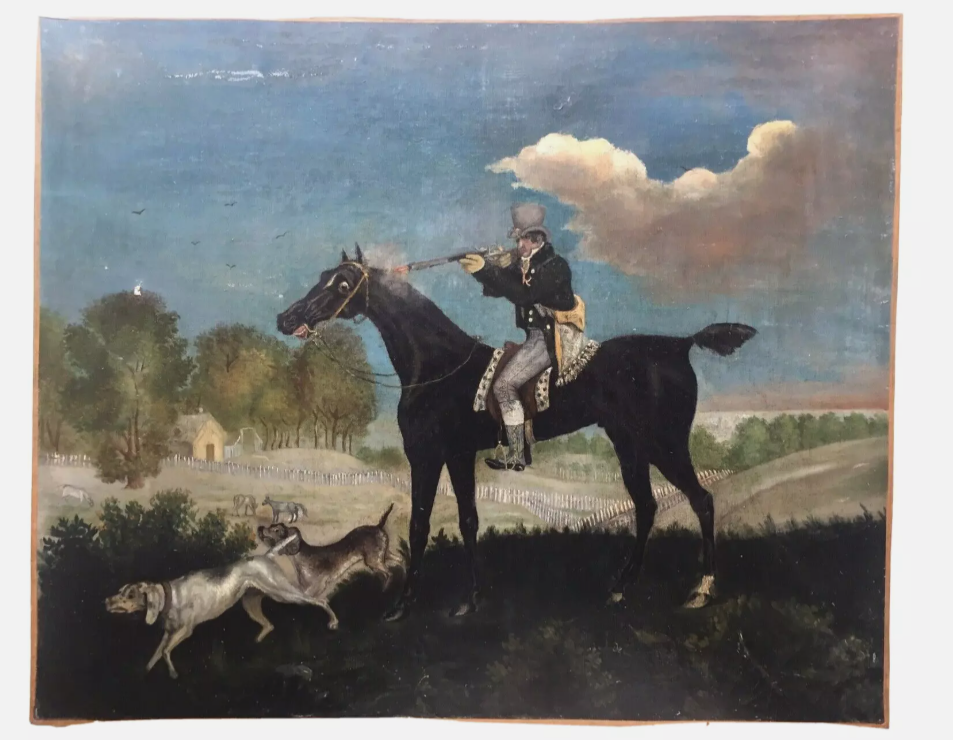 AMERICAN FOLK ART 19th Century Horse hunter Hunting Oil Antique painting Signed
